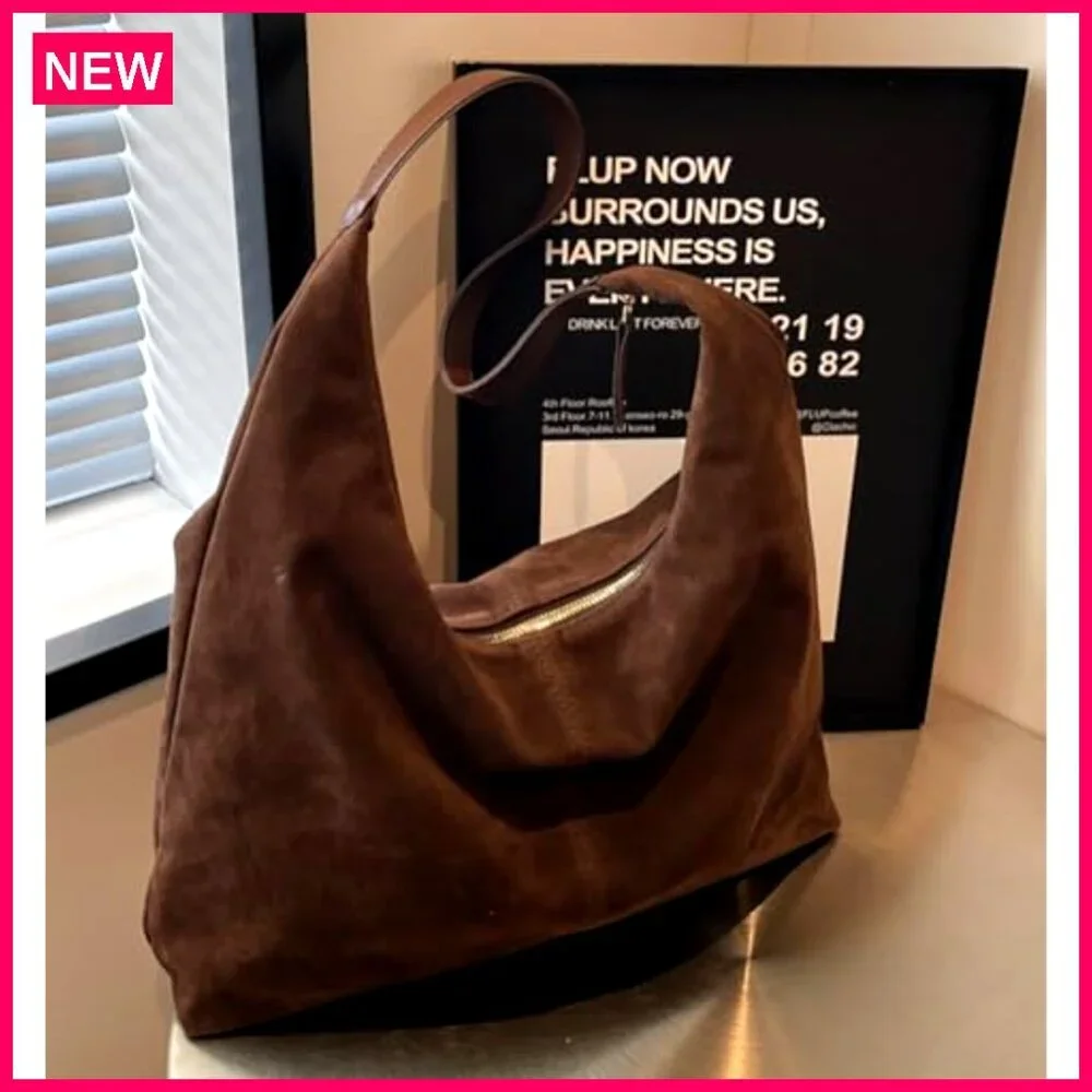 Large Faux Suede Shoulder Tote Bag, Zipper Closure, Lightweight Travel Work - Picture 5 of 8